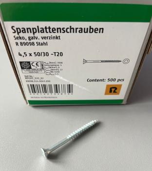 500 Stück Spanplattenschrauben Seko, galv. verzinkt 4,5 x 50/30 -T20 , Spax, 89098.014.0045.050 (VPE: 500 Stück)